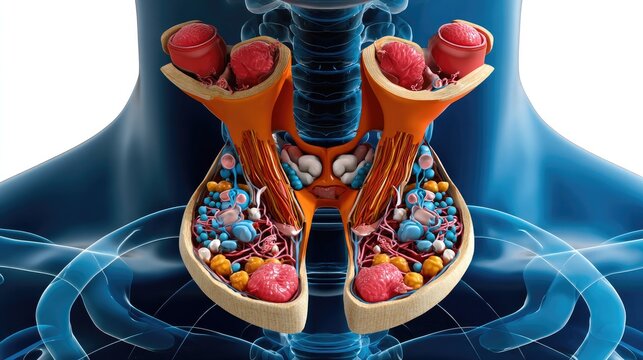 Anatomical Illustration of the Human Thyroid and Parathyroid Glands: A detailed 3D illustration showcases the intricate anatomy of the human thyroid gland and the four parathyroid glands.