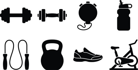 Fitness gym and workout training icon set with dumbbell stopwatch bottle jump rope kettlebell sneaker and stationary bike © MDBABULU