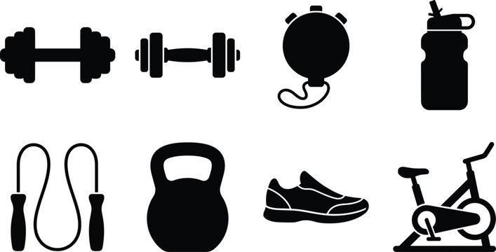 Fitness gym and workout training icon set with dumbbell stopwatch bottle jump rope kettlebell sneaker and stationary bike
