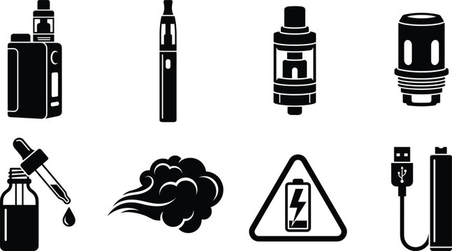 Electronic cigarette and vape icon set with mod pen tank coil juice cloud battery charger vectors