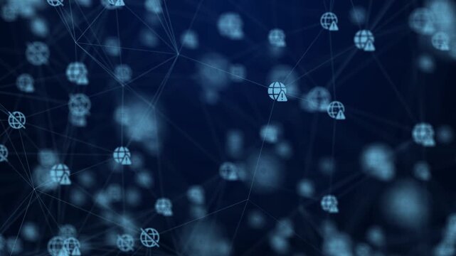 abstract cyber security technology background with glowing global network error icons and digital plexus node lines.