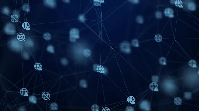 abstract cyber security technology background with glowing global network error icons and digital plexus node lines.