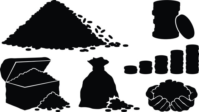 Gold coins and finance wealth silhouette icon set with treasure chest money bag stacked coins and hands