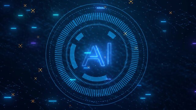 abstract futuristic artificial intelligence technology background with glowing neon ai text and digital neural network tunnel.