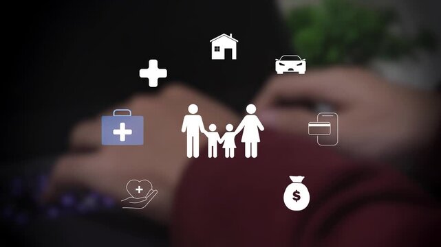 Concept of insurance protection and financial security represented symbolize health, travel, home, and vehicle coverage in urban setting.