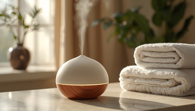 Aromatic essential oil diffuser with mist on a wooden table in a relaxing spa bathroom