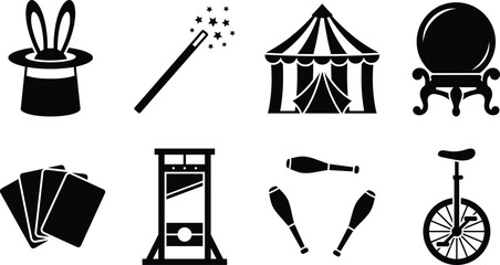 Magic show performance and circus entertainment icon set with top hat rabbit wand tent crystal ball cards guillotine unicycle © MDBABULU