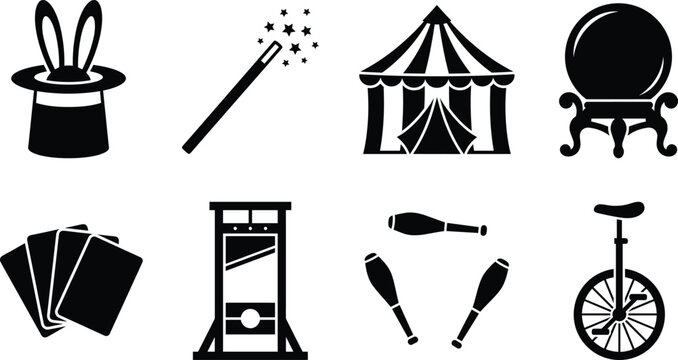 Magic show performance and circus entertainment icon set with top hat rabbit wand tent crystal ball cards guillotine unicycle
