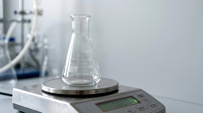 Medical empty conical flask digital scale laboratory with soft light creating calm clinical mood
