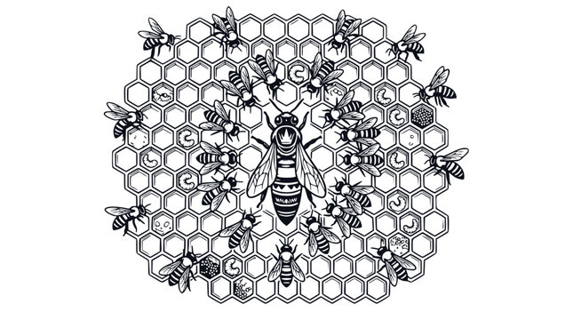 Black and White Honeycomb Hive Illustration with Queen Bee and Workers