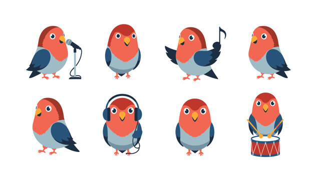 Cute cartoon birds engaged in various activities like singing, listening to music, and playing drums.
