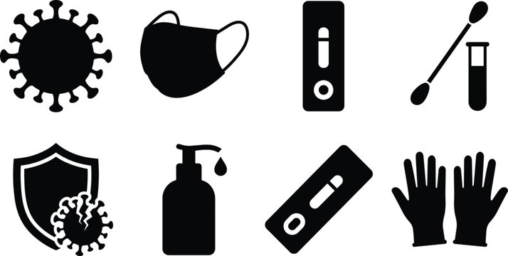 Medical virus prevention and rapid testing icon set with face mask shield sanitizer kit swab and gloves