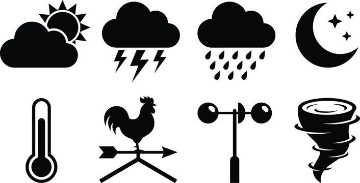 Meteorology weather forecast and climate icon set with cloud sun lightning rain moon thermometer rooster tornado