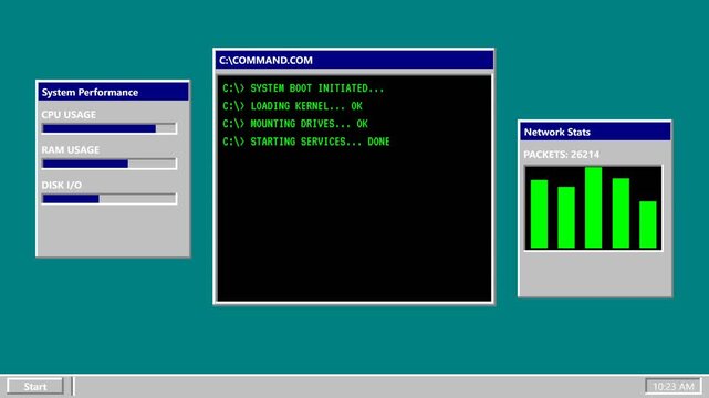 Computer system performance monitoring, detailed visual of CPU, RAM, and disk usage with command prompt and network stats, symbolizing technology and data analysis