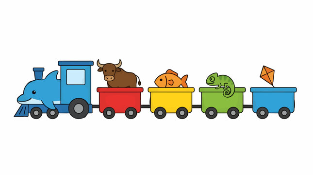 Cute Flat Design Dolphin Train Carrying Animals and Kite, Blue Engine Pulling Red, Yellow, Green, and Blue Wagons with Bull, Fish, Chameleon, Vector Illustration