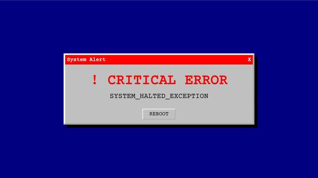 Critical error system alert, computer screen with red warning message, blue background, seamless loop, symbolizing technology failure and system crash