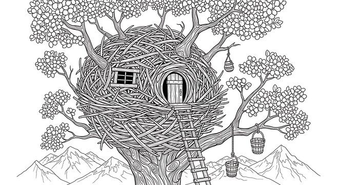 Illustration of a bird nest home in a tree with ladder and hanging lanterns