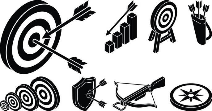 Target archery and business goal icon set with dartboard arrow graph shield crossbow quill and compass