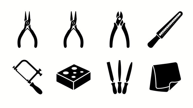 Jewelry making and metal smithing tools vector icons set