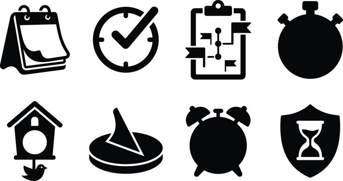 Time management schedule and project deadline tracker icon set with calendar roadmap stopwatch cuckoo clock sundial hourglass