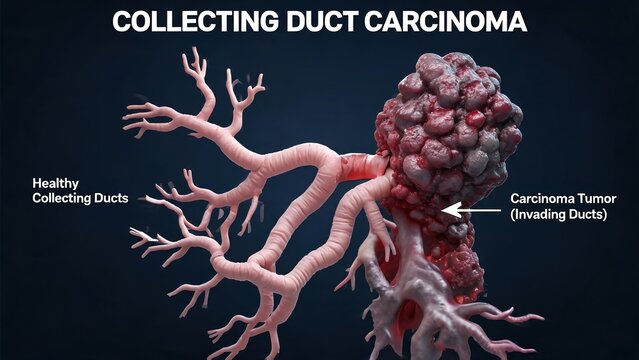 3D Labeled Medical Illustration of Collecting Duct Carcinoma, Comparison of Healthy Kidney Collecting Ducts and Invasive Malignant Tumor, Dark Blue Background Urology Oncology Anatomy Graphic