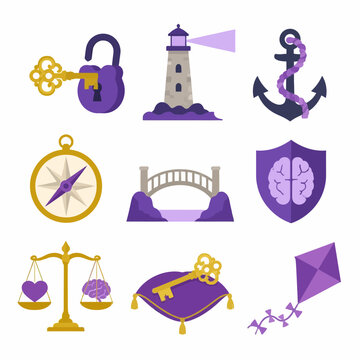 Vector illustration set featuring conceptual icons: purple padlock with gold key, lighthouse, anchor, compass, bridge over water, brain shield, heart and brain scales, key on pillow, and kite.