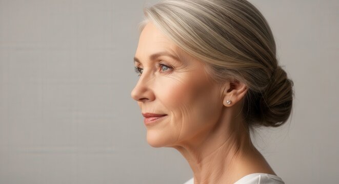 Elegant mature woman with grey hair in a bun smiles serenely in a side profile studio portrait, showcasing healthy aging and natural skin care.