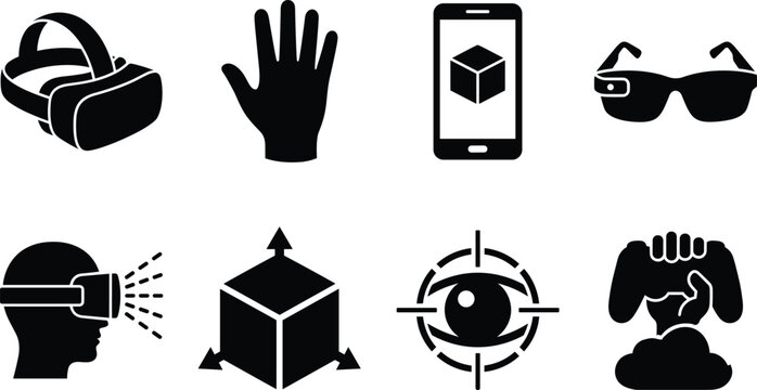 Virtual reality and metaverse tech icon set with vr headset smart glasses simulation cube eye tracking and controller