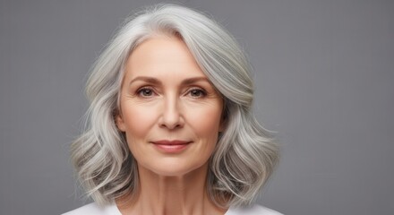 Naklejka premium Close-up studio portrait of an elegant mature woman with wavy grey hair smiling gently against a neutral grey background, representing healthy aging.