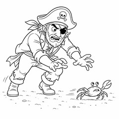 Fototapeta premium Black and white line art vector illustration of a grumpy cartoon pirate with an eyepatch and skull hat reaching to catch a small crab on the sand, ideal for children's coloring book page.