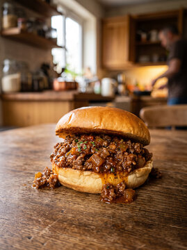 Homemade sloppy joe sandwich filled with ground beef on a wooden table