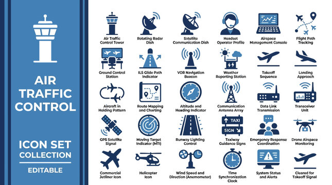 Air traffic control icon set for aviation and airport management