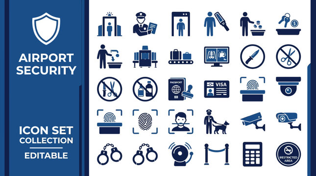 Airport security and surveillance icons for travel safety