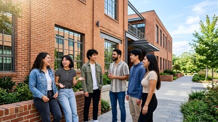 Fototapeta premium Diverse group of young students talking outside a brick university building