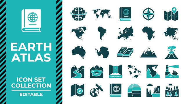 World geography and earth atlas icons for mapping and cartography