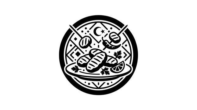 Kebab Plate Icon Black White Vector, Middle Eastern Food, Grill Meat, Shawarma Style