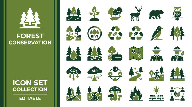 Forest conservation and environmental protection flat icon set