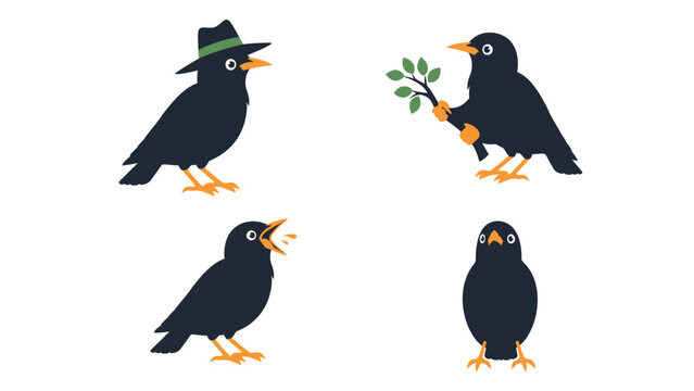 Four cartoon blackbirds in different poses and with accessories, isolated on white background.