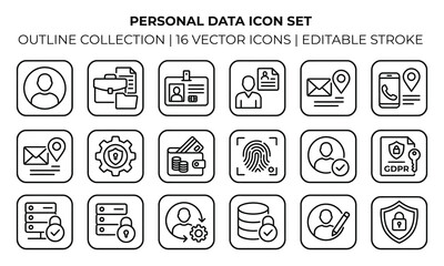 Fototapeta premium Set of personal data and privacy vector icons featuring outline style symbols for user identity security and digital information management concepts