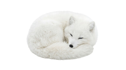 Fototapeta premium Sleeping white arctic fox curled in a ball on transparent background