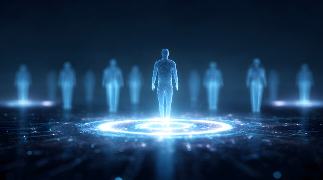 Holographic human silhouette standing on glowing circular platform representing digital identity and networking.