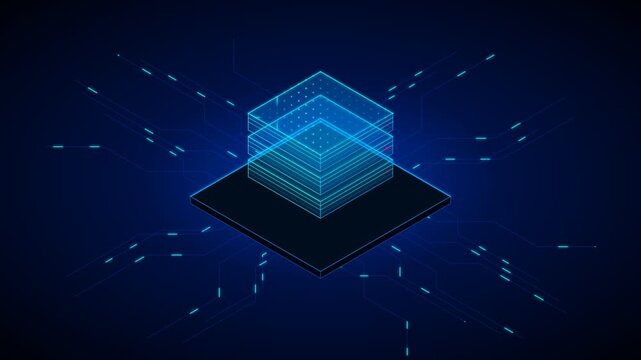 Futuristic isometric cloud data server block concept with glowing circuit lines on dark blue background