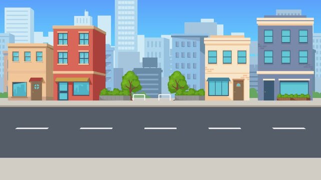 長方形の建物が横に流れていく街並みの背景アニメーション／Scrolling City Buildings Background Animation