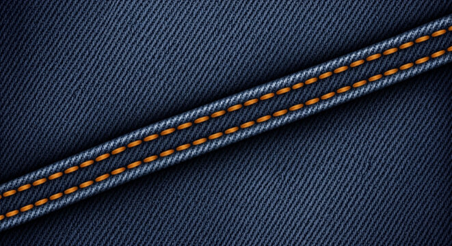 Close Up Detailed Denim Fabric With Orange Stitching