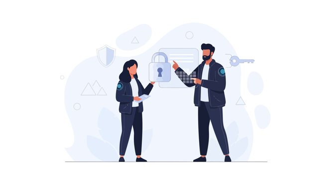 Cybersecurity team securing data with digital lock and key, concept of data protection and online safety.