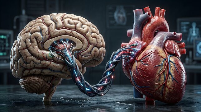3D illustration of brain and heart connected with cable, connect heart feeling with logical thinking brain, connection between heart and mind, control feeling and emotion illustration