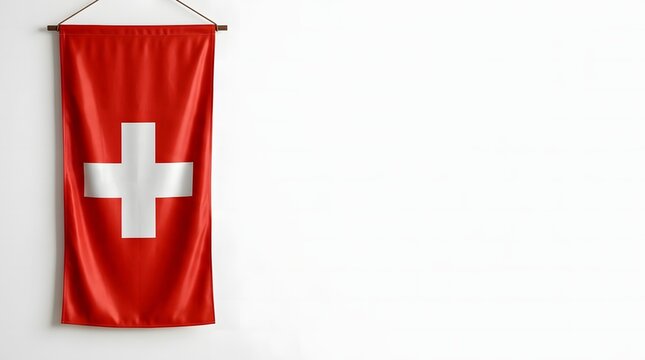 Vertical swiss flag banner hanging wall.