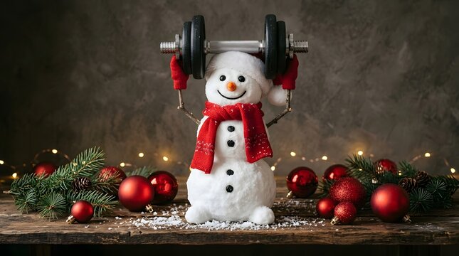 Fitness snowman lifting weights on christmas day with red ornaments and pine branches