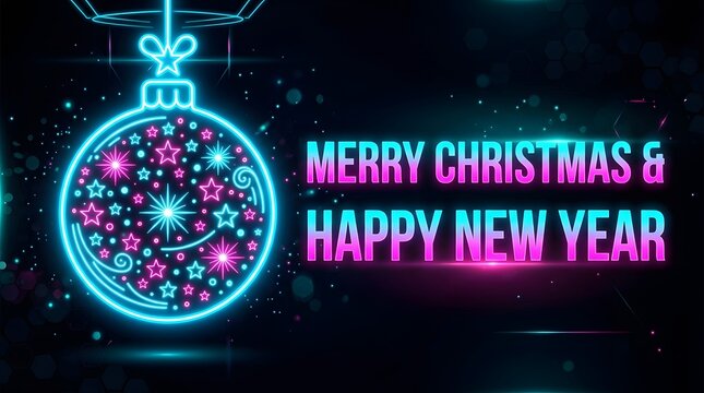 Merry christmas and happy new year neon ornament wishes