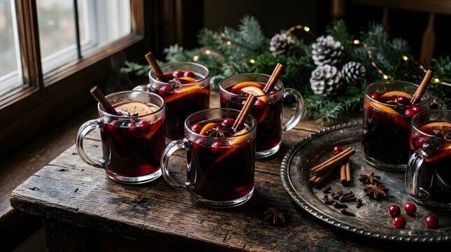 Festive christmas day mulled wine with cinnamon and cranberries holiday drink